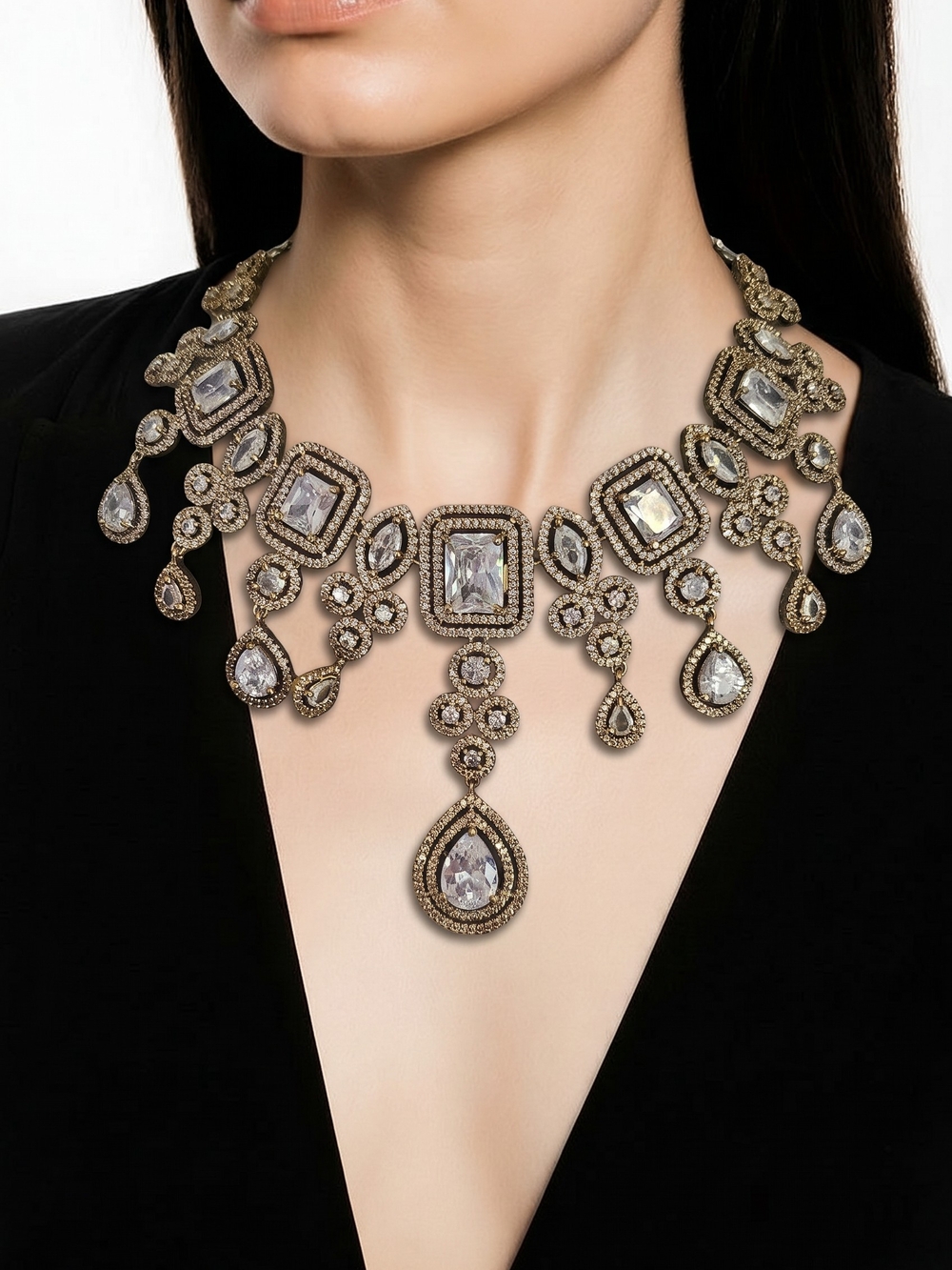 Statement Antique Gold Cz Drop Necklace With Matching Earrings And Tika